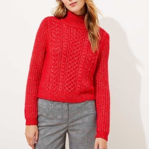 LOFT Cropped Cable Chunky Turtleneck Sweater Red